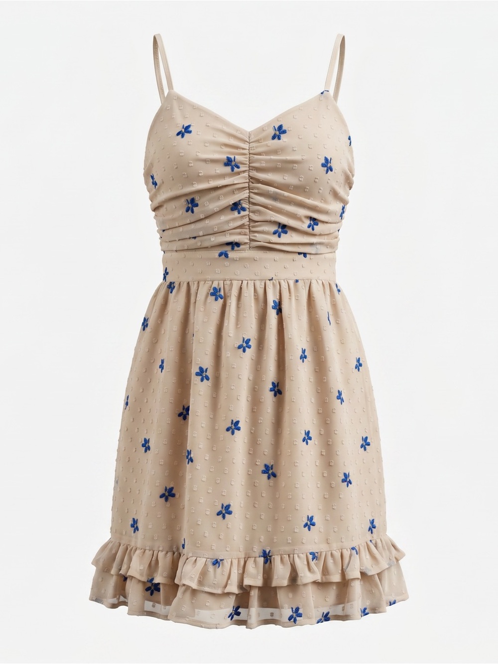 Endless Rose Beige Mini Dress with Blue Floral Embroidery